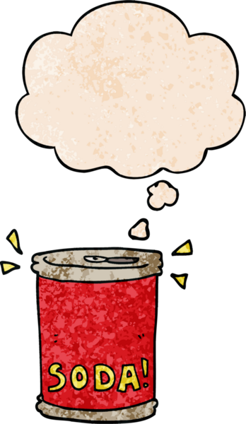 Bir insan tarafından çizilmiş grunge desenli düşünce baloncuklu karikatür soda kutusu.