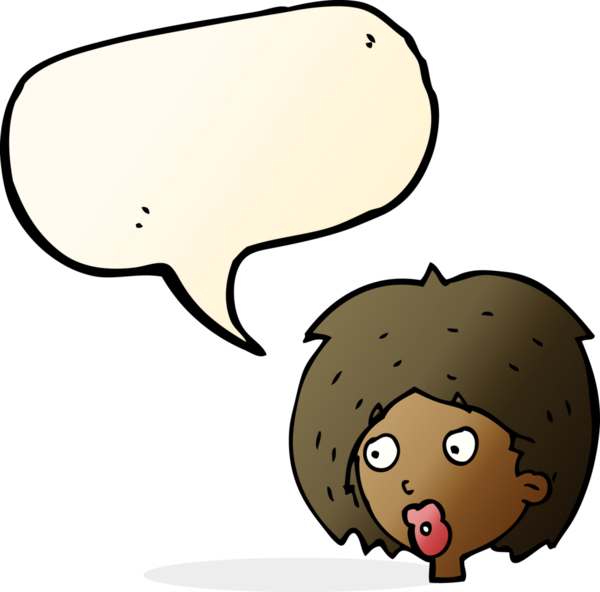 Bir insan tarafından çizilmiş konuşma balonuyla bakan karikatür kadın.