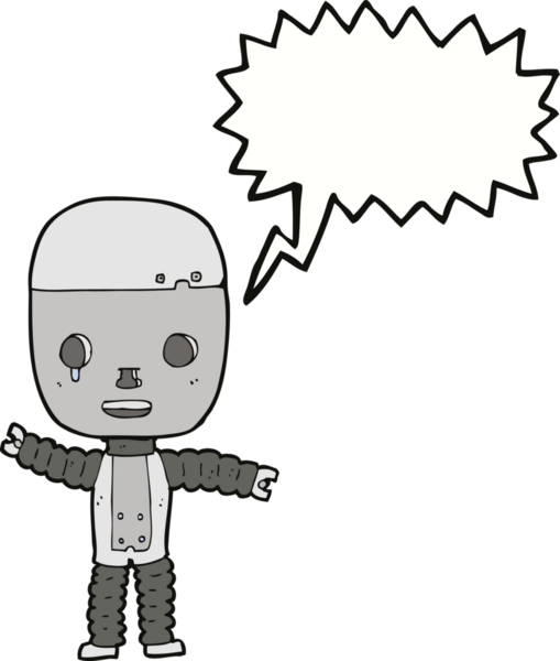 Bir insan tarafından çizilmiş konuşma balonu olan çizgi film robotu.