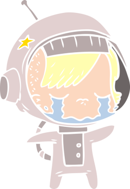 Düz renkli çizgi film ağlayan astronot kız bir insan tarafından çizilmiş.