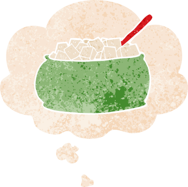 Düşünce baloncuklu çizgi film şeker kasesi grunge sıkıntılı retro dokuma bir insan tarafından çizilmiş