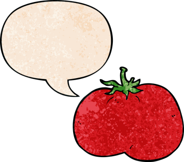 bir insan tarafından çizilmiş eski dokuma tarzında konuşma baloncuklu domates.
