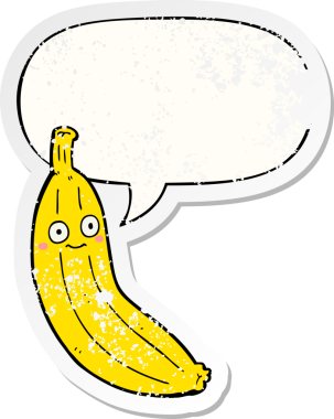 Konuşma baloncuklu çizgi film muzu bir insan tarafından çizilmiş sıkıntılı eski bir çıkartma