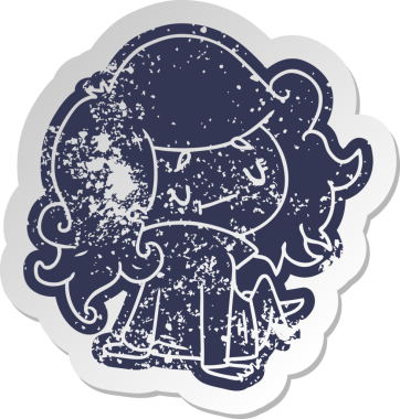 Bir insan tarafından çizilmiş sevimli bir kawai kızının sıkıntılı eski çizgi film çıkartması.