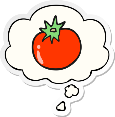 Düşünce baloncuklu çizgi film domatesi insan tarafından çizilmiş bir çıkartma.