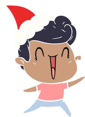 Bir insan tarafından çizilmiş Noel Baba şapkası giyen heyecanlı bir adamın düz renkli çizimi.