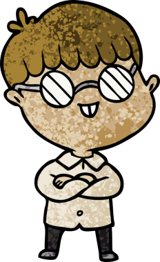 Bir insan tarafından çizilmiş gözlük takan çizgi film çocuğu.