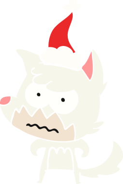 Bir insan tarafından çizilmiş Noel Baba şapkası giymiş bir tilkinin düz renk çizimi.