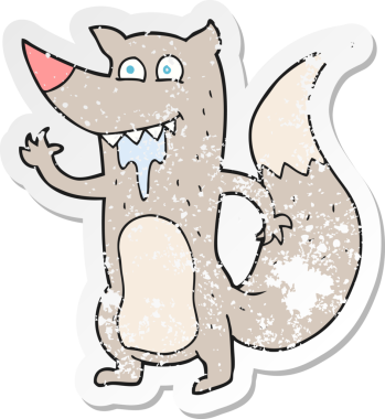 Bir insan tarafından çizilmiş aç kurt çizgi filminin kederli retro yapıştırması.