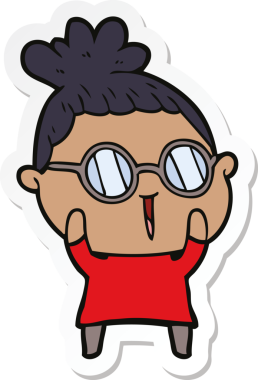 Bir insan tarafından çizilmiş gözlüklü bir karikatür kadının çıkartması.