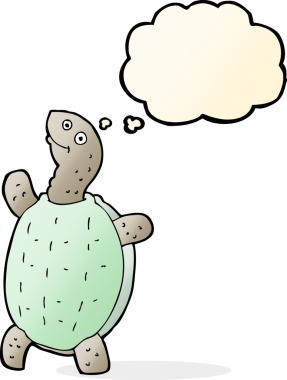 Bir insan tarafından çizilmiş düşünce baloncuklu mutlu kaplumbağa.