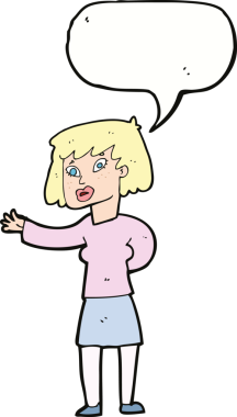 Bir insan tarafından çizilen konuşma baloncuğuyla açıklayan çizgi film kadını.