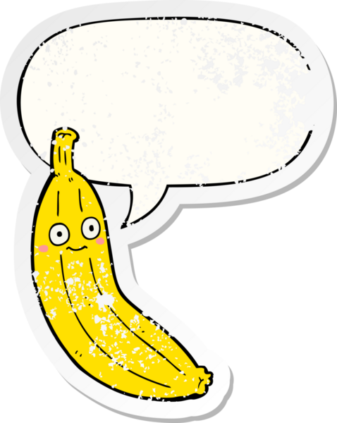 Konuşma baloncuklu çizgi film muzu bir insan tarafından çizilmiş sıkıntılı eski bir çıkartma