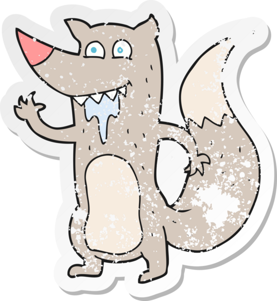 Bir insan tarafından çizilmiş aç kurt çizgi filminin kederli retro yapıştırması.