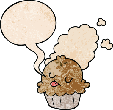 Bir insan tarafından çizilmiş eski moda konuşma baloncuklu şirin bir çizgi film pastası.