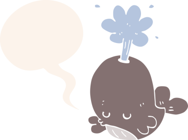 Bir insan tarafından çizilmiş, balina şeklinde konuşma baloncuğu püskürten bir çizgi film.