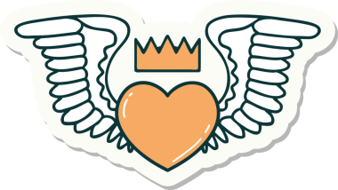 Bir insan tarafından çizilmiş kanatlı bir kalbin geleneksel stiliyle dövme çıkartması.