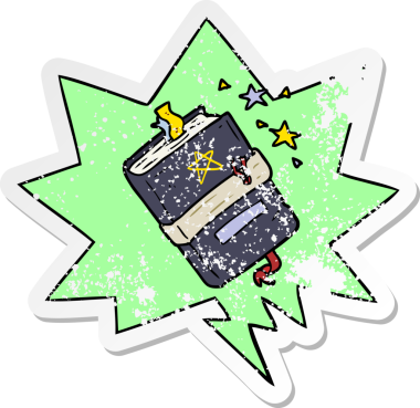 Karikatür cadısının konuşma baloncuklu büyü kitabı bir insan tarafından çizilmiş sıkıntılı eski bir çıkartma.