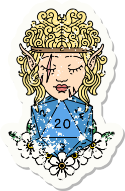 Bir insan tarafından çizilmiş doğal yirmi zarlı barbar bir elf karakterinin grunge çıkartması.