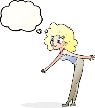 Çizgi filmdeki kadın, bir insan tarafından çizilmiş düşünce baloncuğuyla bir şey almaya çalışıyor.