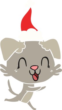 Gülen el, bir insan tarafından çizilmiş Noel Baba şapkası takan bir köpeğin düz renk çizimi.