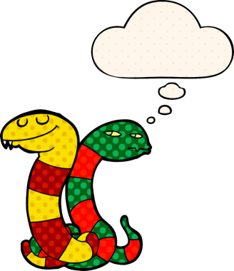 Çizgi roman tarzında düşünce balonu olan çizgi film yılanları insan tarafından çizildi.