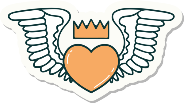 Bir insan tarafından çizilmiş kanatlı bir kalbin geleneksel stiliyle dövme çıkartması.