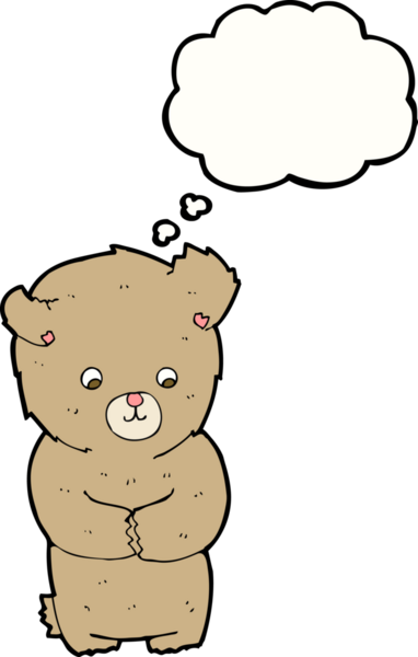 Bir insan tarafından çizilmiş düşünce baloncuğu olan sevimli çizgi film ayısı.