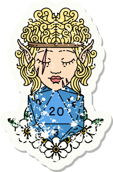 Bir insan tarafından çizilmiş doğal yirmi zarlı barbar bir elf karakterinin grunge çıkartması.