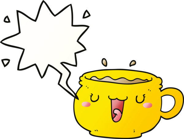 Hoş bir çizgi film kahve fincanı, konuşma baloncuğu ve bir insan tarafından çizilmiş yumuşak bir gradyan tarzı.