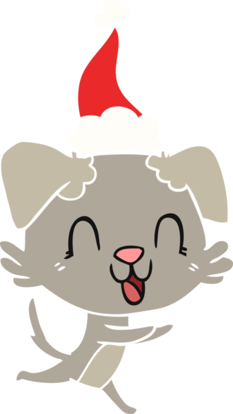 Gülen el, bir insan tarafından çizilmiş Noel Baba şapkası takan bir köpeğin düz renk çizimi.