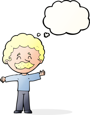 Bir insan tarafından çizilmiş düşünce balonlu bıyıklı çizgi film çocuğu.