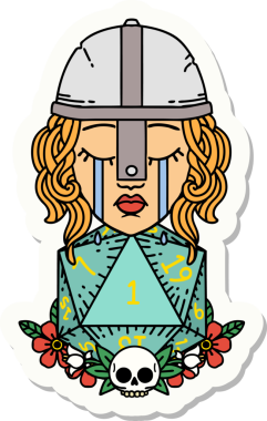 Ağlayan bir insan dövüşçüsünün çıkartması. Bir insan tarafından çizilmiş doğal bir D20 rulosu.