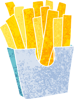 Retro illüstrasyon tarzı tuhaf çizgi film patates kızartması bir insan tarafından çizilmiş.