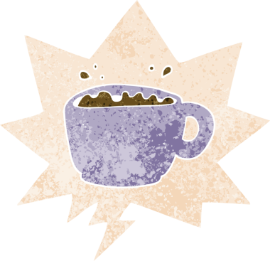 Bir insan tarafından çizilmiş grunge dertli retro desenli konuşma balonlu çizgi film kahve fincanı.