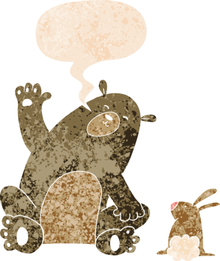 Çizgi film ayısı ve tavşan arkadaşları grunge 'da konuşma baloncuğu olan bir insan tarafından çizilmiş kederli retro stil