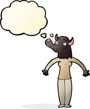 Bir insan tarafından çizilmiş düşünce baloncuğu olan karikatür dostu kurt kadın.