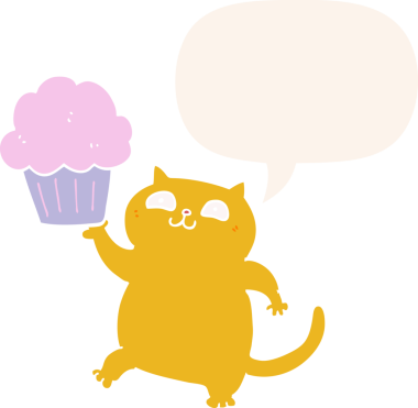 Bir insan tarafından çizilmiş, içinde konuşma balonu olan kapkekli çizgi film kedisi.