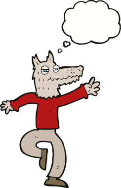 Bir insan tarafından çizilmiş düşünce balonlu mutlu kurt adam çizgi filmi.