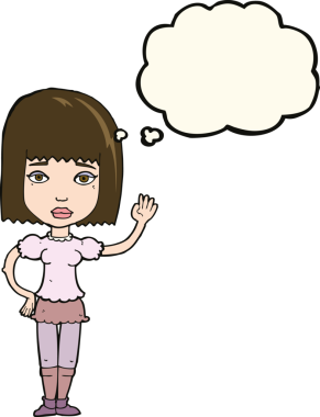 Bir insan tarafından çizilmiş düşünce baloncuğuyla el sallayan çizgi film kadını.