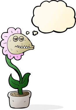 Bir insan tarafından çizilmiş düşünce baloncuklu canavar çiçek.