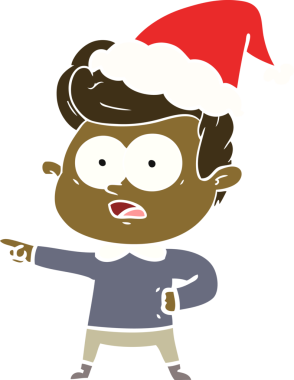 Bir insan tarafından çizilmiş Noel Baba şapkası takan düz renkli bir adamın resmi.