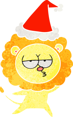 Bir insan tarafından çizilmiş Noel Baba şapkası giymiş sıkılmış bir aslanın el çizimi karikatürü.