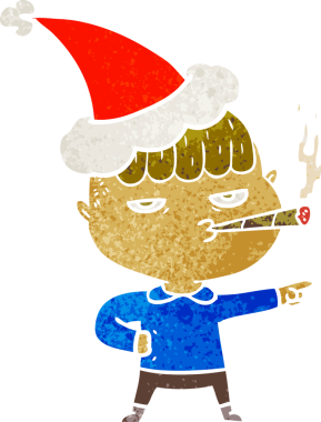 Bir insan tarafından çizilmiş Noel Baba şapkası giyen bir adamın el çizimi karikatürü.