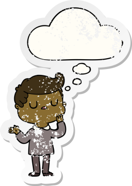 Düşünce baloncuğuyla gezen çizgi filmci insan tarafından çizilmiş yıpranmış bir çıkartma gibi.