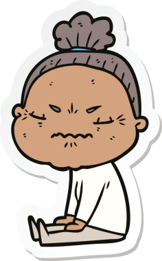 Çizgi film çıkartması. Bir insan tarafından çizilmiş yaşlı bir kadın.