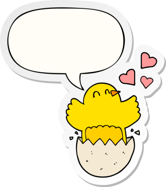 Bir insan tarafından çizilmiş konuşma kabarcığı çıkartmalı, yumurtadan çıkan tatlı bir karikatür.