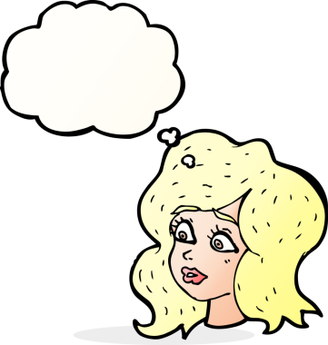 Bir insan tarafından çizilmiş düşünce baloncuğuyla ilgilenen çizgi film kadını.