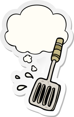 İnsan tarafından çizilmiş bir çıkartma olarak düşünce baloncuklu çizgi film spatulası.