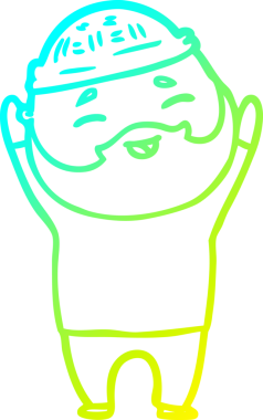 Bir insan tarafından çizilmiş, mutlu, sakallı, çizgi film karakteri.